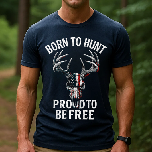 Born to Hunt Proud to Be Free T-Shirt, Patriotic Deer Skull Hunting Shirt with American Flag