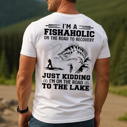 Fishaholic T-Shirt, Funny Fishing Shirt for Anglers, Road to Recovery Lake Fishing Tee Gift