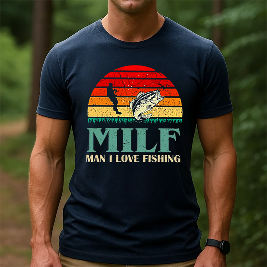MILF Man I Love Fishing T-Shirt, Funny Bass Fishing Shirt, Retro Sunset Angler Tee, Fisherman Gift Idea
