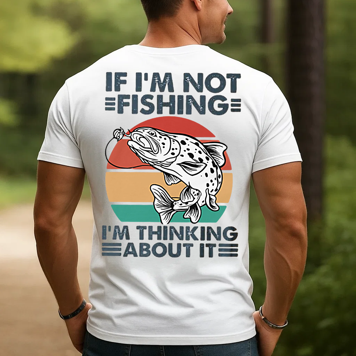 Funny Fishing T-Shirt, If I’m Not Fishing I’m Thinking About It Retro Trout Graphic Tee Gift for Fishermen