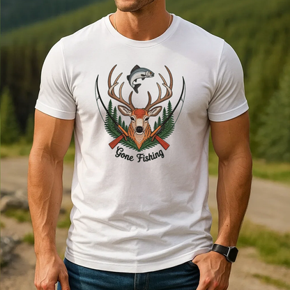 Gone Fishing Embroidery T-Shirt, Deer Buck and Fish Hunting Graphic Tee, Outdoor Wildlife Embroidered Shirt Gift