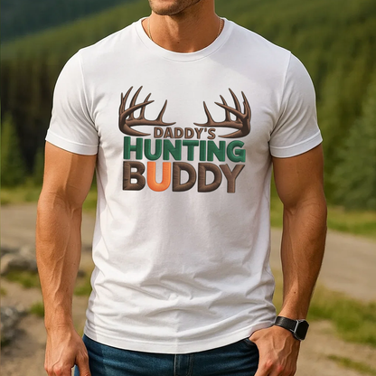 Daddy’s Hunting Buddy Embroidery T-Shirt, Deer Antler Hunting Graphic Tee, Outdoor Hunter Shirt Gift