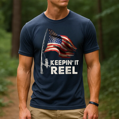 Keepin’ It Reel Fishing Shirt, American Flag Patriotic Funny Fisher T-Shirt Gift