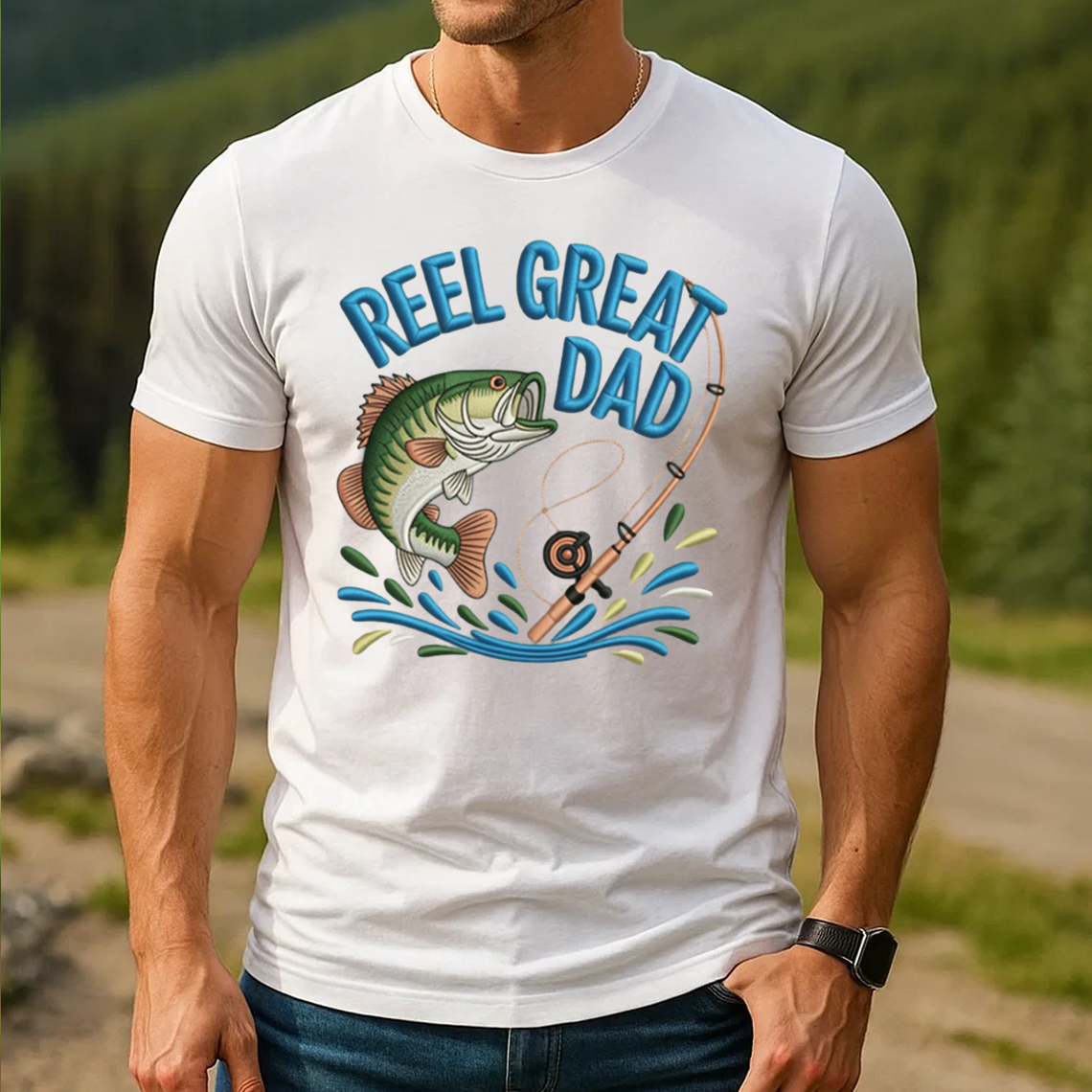 Reel Great Dad Embroidery T-Shirt, Funny Fishing Bass Graphic Tee, Fisherman Embroidered Shirt Gift