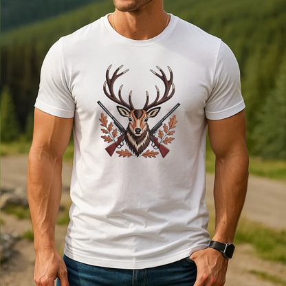 Deer Hunting Embroidery T-Shirt, Buck Head with Rifles Outdoor Hunter Graphic Tee, Wildlife Embroidered Shirt Gift