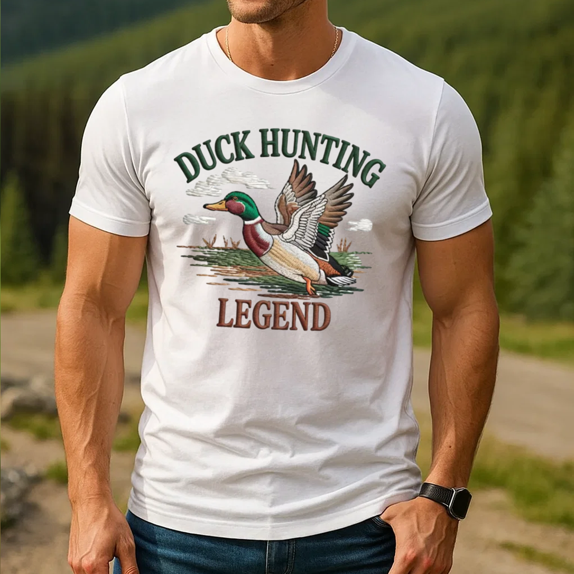 Duck Hunting Legend Embroidery T-Shirt, Waterfowl Hunting Graphic Tee for Men, Outdoor Hunter Embroidered Shirt Gift