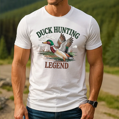Duck Hunting Legend Embroidery T-Shirt, Waterfowl Hunting Graphic Tee for Men, Outdoor Hunter Embroidered Shirt Gift