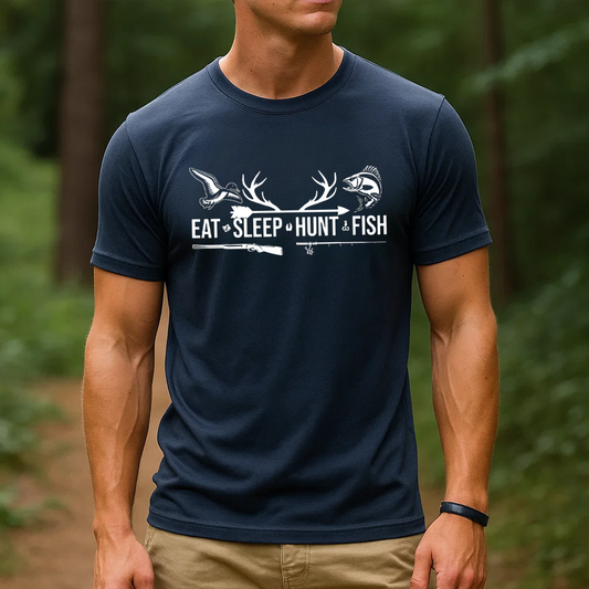 Eat Sleep Hunt Fish T-Shirt, Funny Hunting and Fishing Shirt for Outdoorsmen, Hunter & Fisher Gift Tee