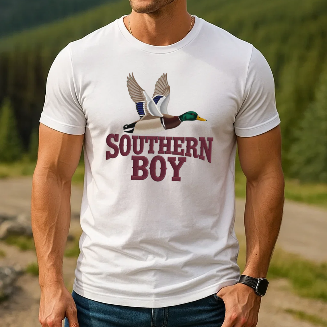 Southern Boy Embroidery T-Shirt, Duck Hunting Graphic Tee, Mallard Waterfowl Outdoor Embroidered Shirt Gift