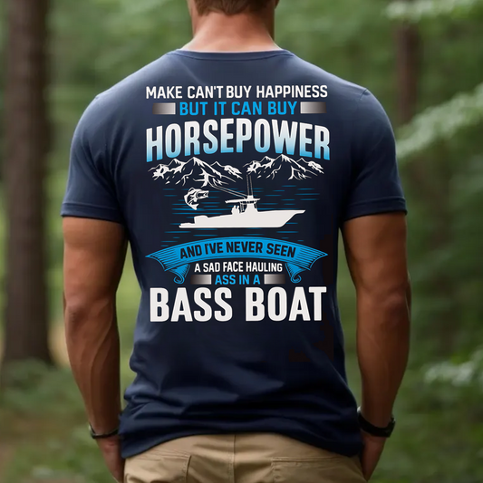 Bass Boat T-Shirt, Funny Horsepower Fishing Shirt for Men, Boating and Fisherman Gift Tee