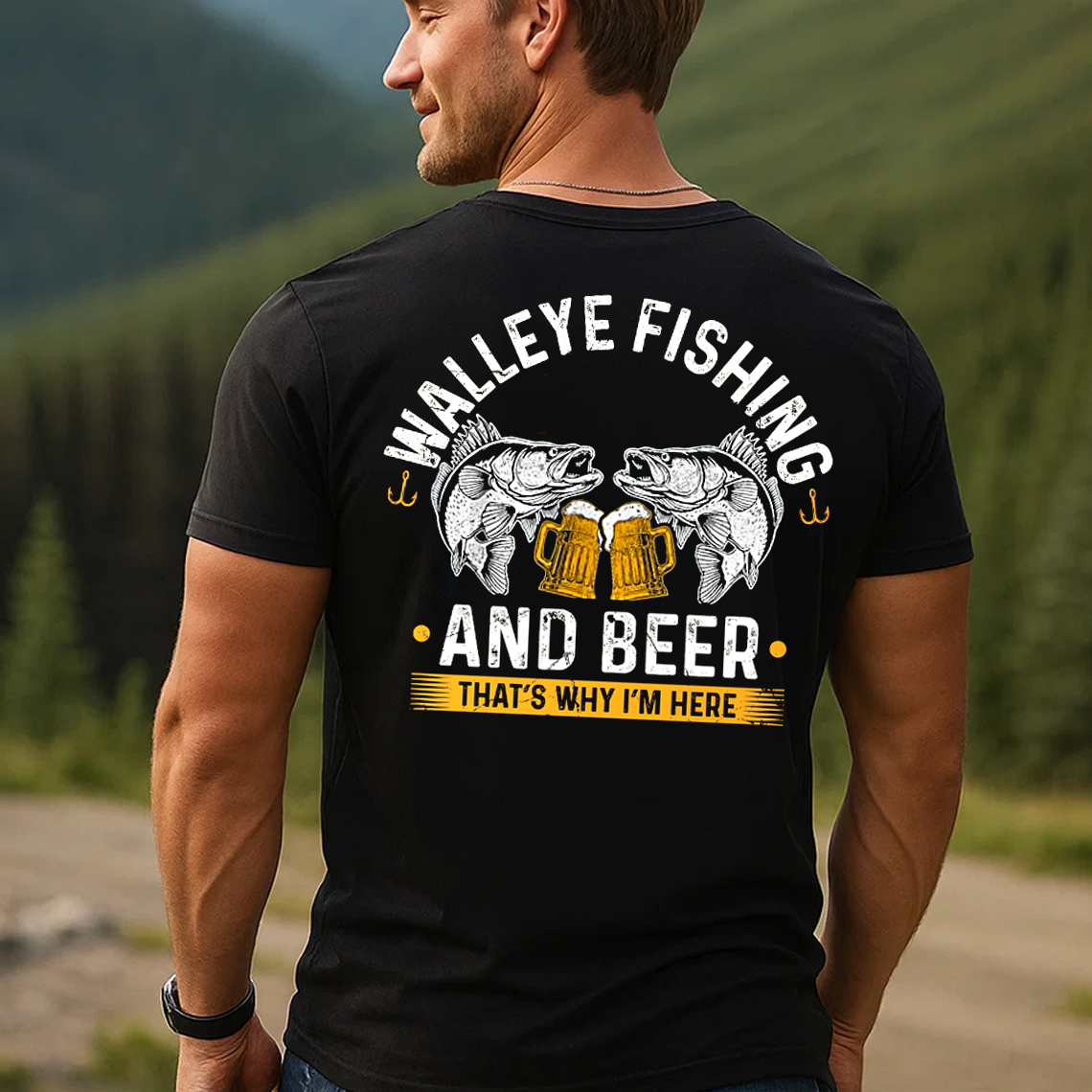 Walleye Fishing and Beer T-Shirt, Funny Fisherman Gift Tee for Men, Drinking Fishing Shirt