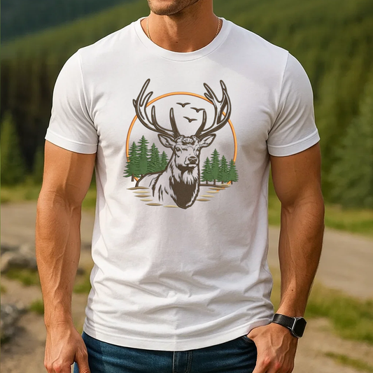 Deer Embroidery T-Shirt, Hunting Buck Graphic Tee, Outdoor Wildlife Embroidered Shirt Gift