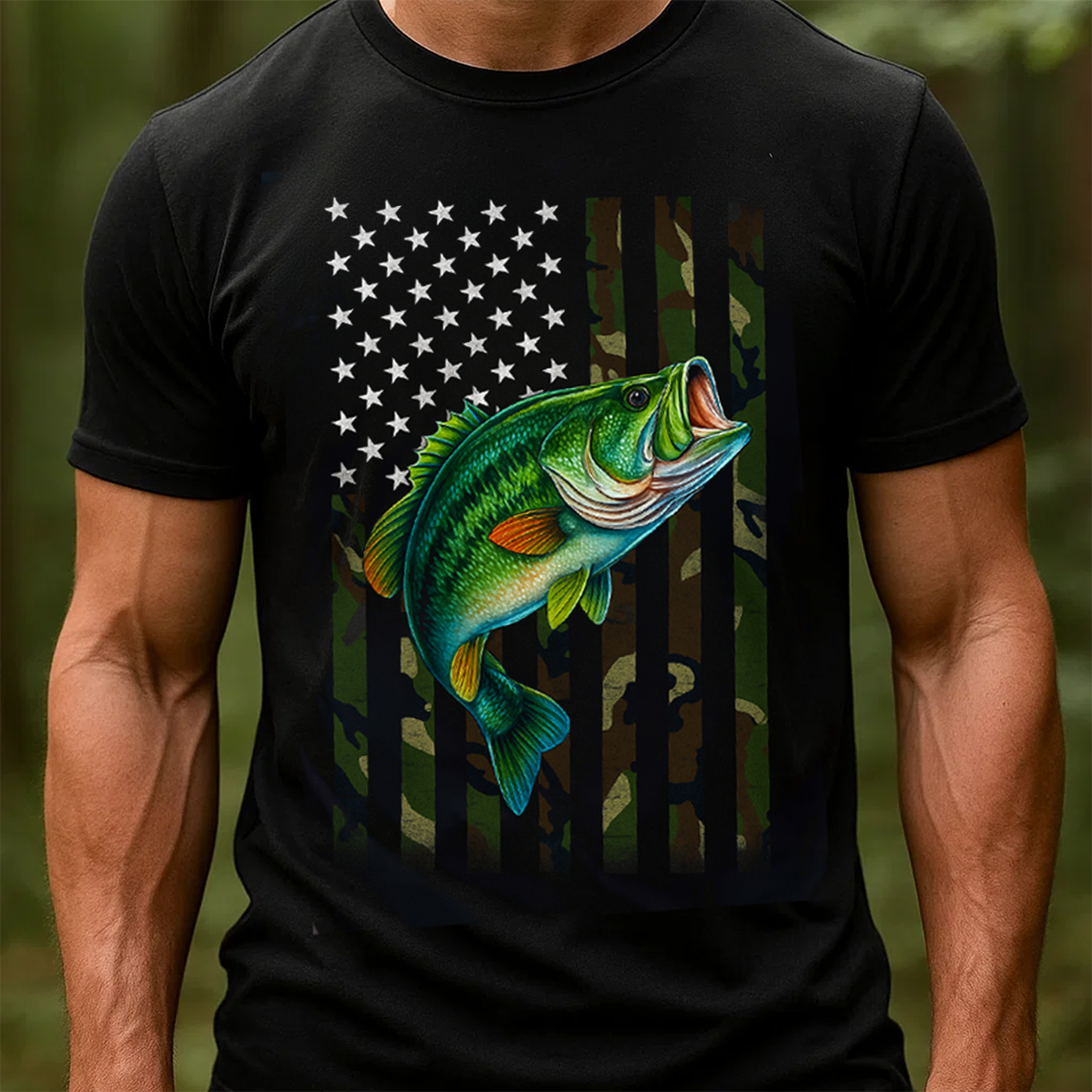 American Flag Camo Fishing T-Shirt, Patriotic Bass Fish Shirt, USA Angler Tee