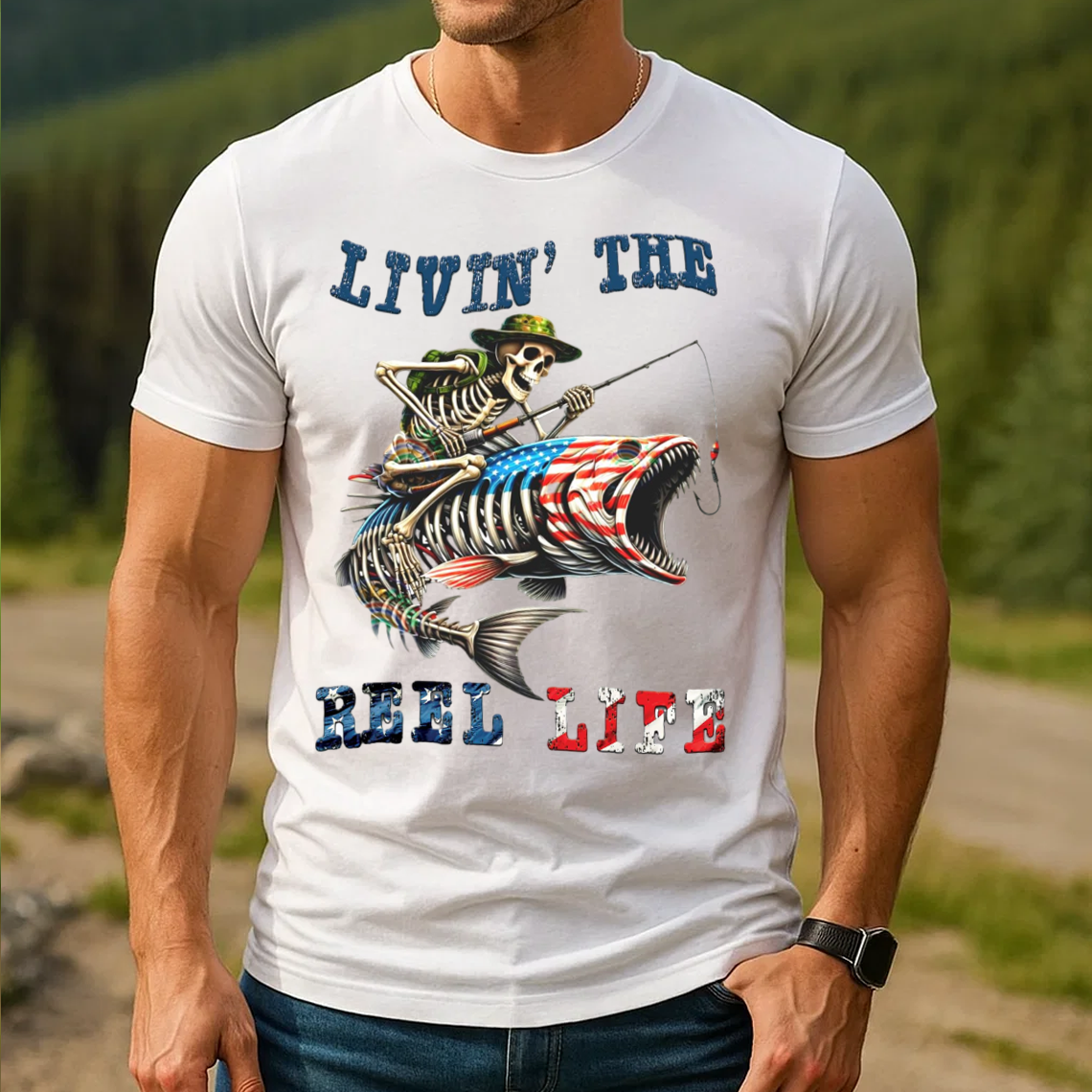 Livin' The Reel Life Skeleton Fishing T-Shirt, Funny Fishing Apparel, Patriotic Fishing Tee