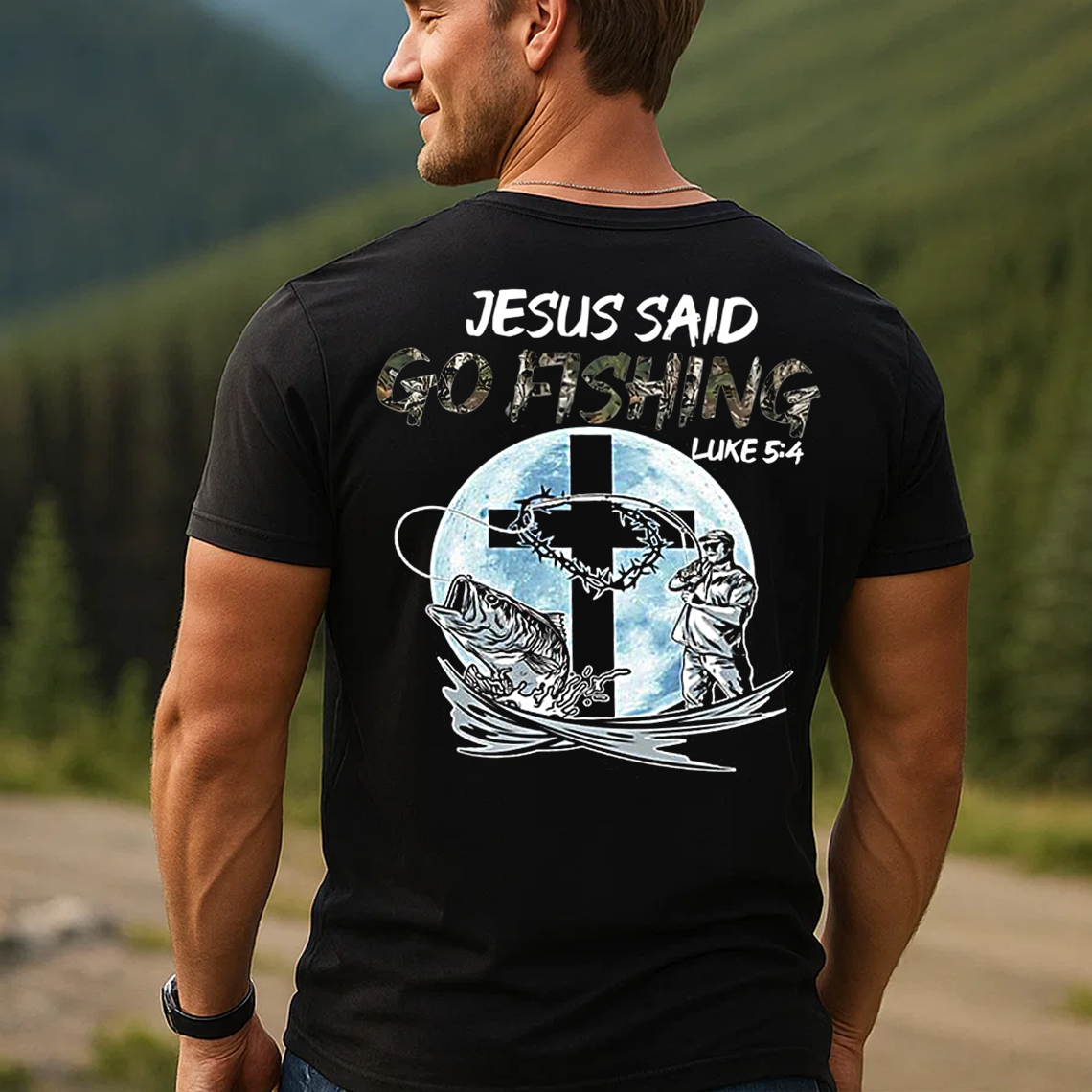 Jesus Said Go Fishing T-Shirt, Christian Fisherman Shirt Luke 5:4 Bible Verse Gift Tee