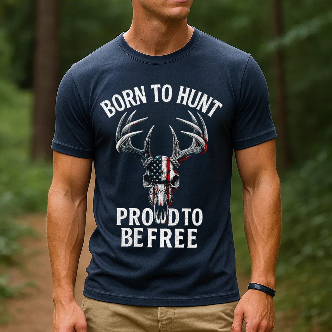 Born to Hunt Proud to Be Free T-Shirt, Patriotic Deer Skull Hunting Shirt with American Flag