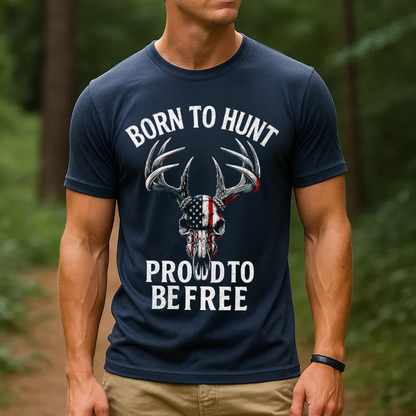 Born to Hunt Proud to Be Free T-Shirt, Patriotic Deer Skull Hunting Shirt with American Flag
