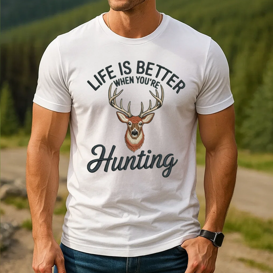 Life Is Better Hunting Embroidery T-Shirt, Deer Buck Hunting Graphic Tee for Men, Outdoor Hunter Embroidered Shirt Gift