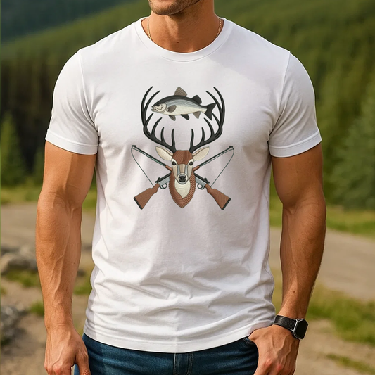 Deer and Fish Embroidery T-Shirt, Hunting and Fishing Graphic Tee, Wildlife Embroidered Shirt Gift