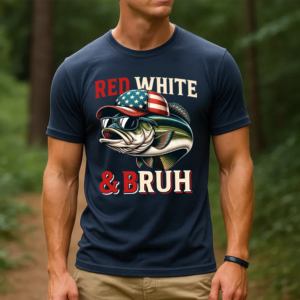 Red White & Bruh T-Shirt, Funny Patriotic Fishing Shirt, American Flag Bass Fishing Tee