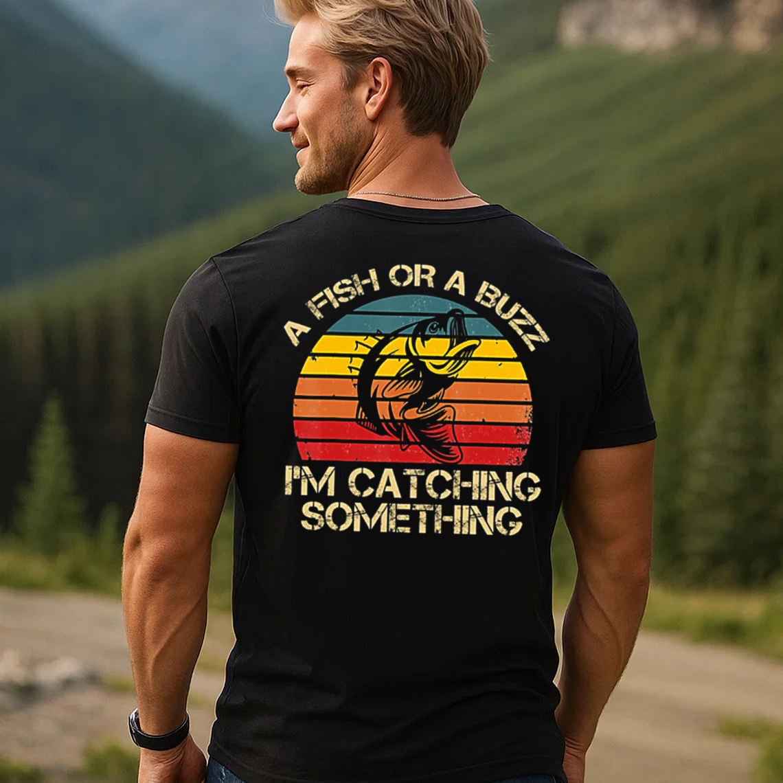 Funny Fishing T-Shirt, A Fish or a Buzz I’m Catching Something Retro Vintage Bass Graphic Tee Gift