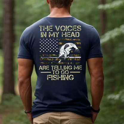 Funny Fishing T-Shirt for Men, The Voices in My Head Are Telling Me to Go Fishing Shirt, Bass Fish American Flag Tee
