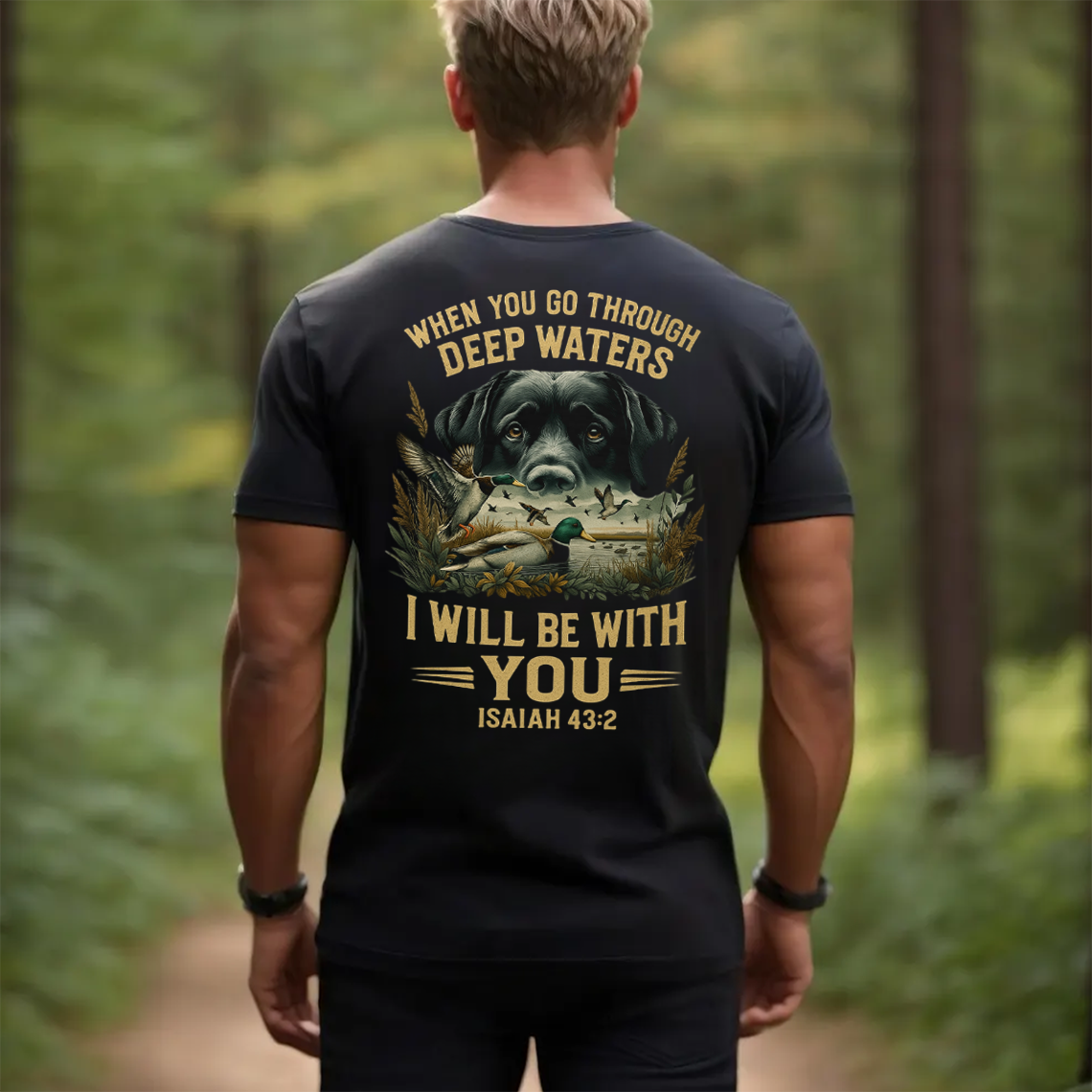 When You Go Through Deep Waters I Will Be With You T-Shirt, Isaiah 43:2 Bible Verse Christian Shirt with Dog and Duck Hunting Design