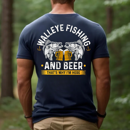 Walleye Fishing and Beer T-Shirt, Funny Fisherman Gift Tee for Men, Drinking Fishing Shirt