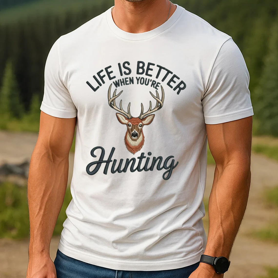 Life Is Better Hunting Embroidery T-Shirt, Deer Buck Hunting Graphic Tee for Men, Outdoor Hunter Embroidered Shirt Gift