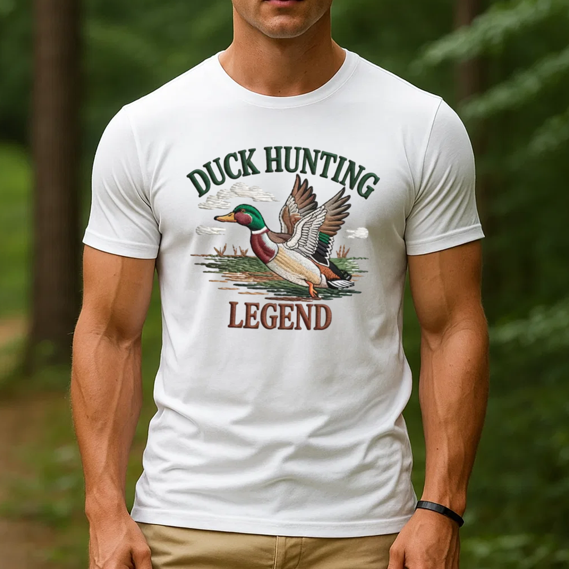 Duck Hunting Legend Embroidery T-Shirt, Waterfowl Hunting Graphic Tee for Men, Outdoor Hunter Embroidered Shirt Gift