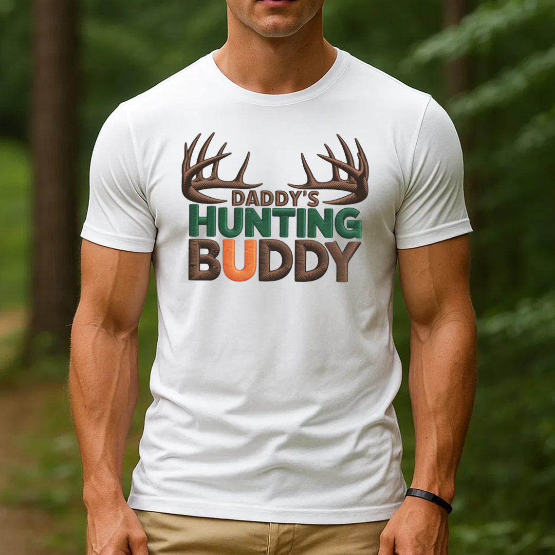 Daddy’s Hunting Buddy Embroidery T-Shirt, Deer Antler Hunting Graphic Tee, Outdoor Hunter Shirt Gift