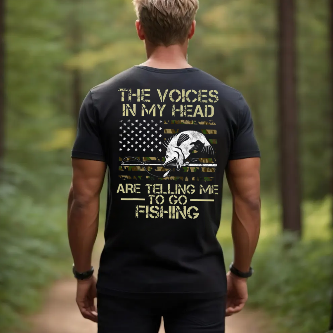 Funny Fishing T-Shirt for Men, The Voices in My Head Are Telling Me to Go Fishing Shirt, Bass Fish American Flag Tee