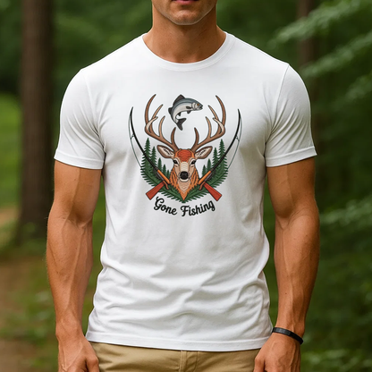 Gone Fishing Embroidery T-Shirt, Deer Buck and Fish Hunting Graphic Tee, Outdoor Wildlife Embroidered Shirt Gift
