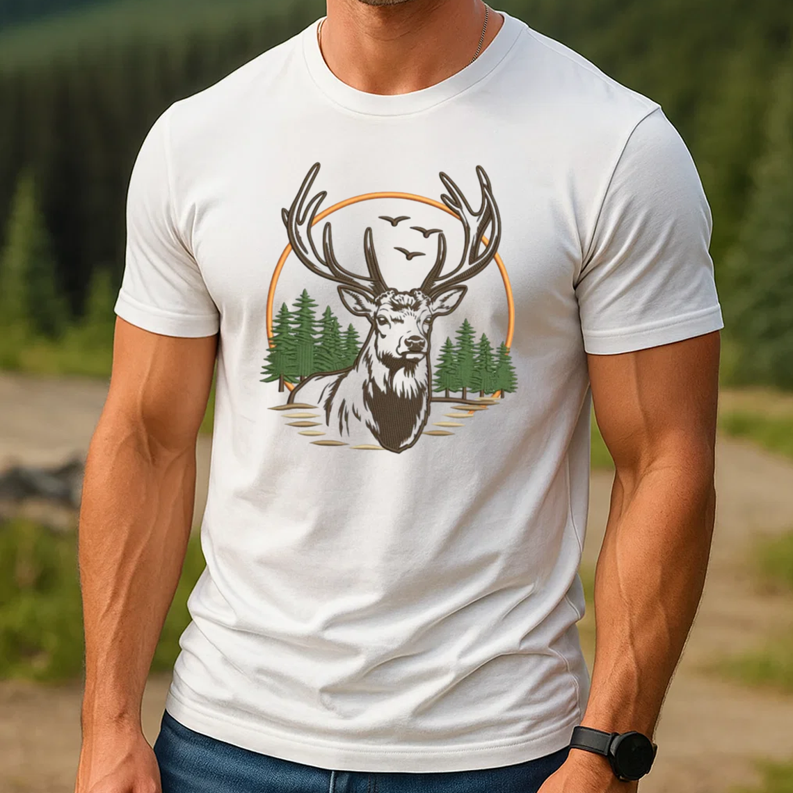 Deer Embroidery T-Shirt, Hunting Buck Graphic Tee, Outdoor Wildlife Embroidered Shirt Gift