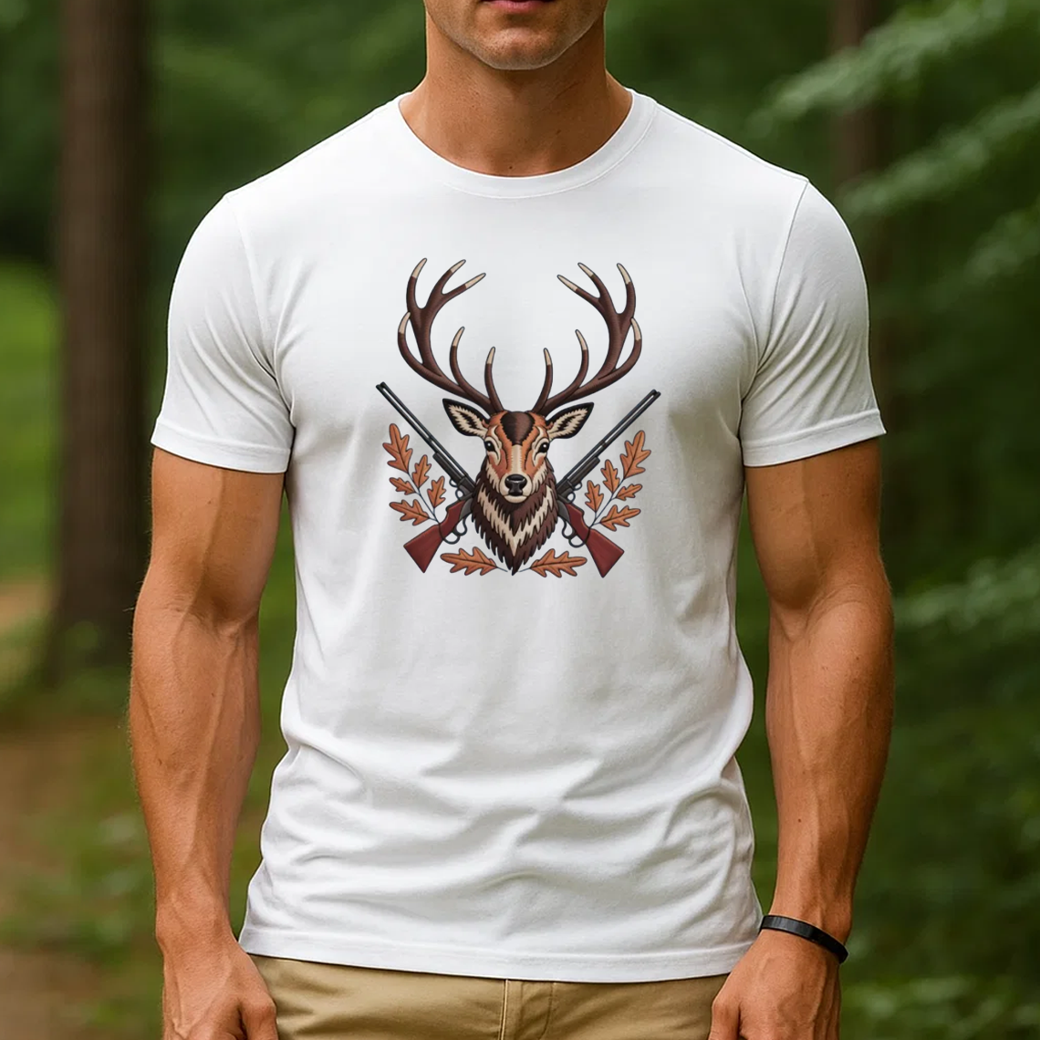 Deer Hunting Embroidery T-Shirt, Buck Head with Rifles Outdoor Hunter Graphic Tee, Wildlife Embroidered Shirt Gift
