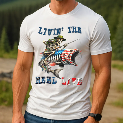Livin' The Reel Life Skeleton Fishing T-Shirt, Funny Fishing Apparel, Patriotic Fishing Tee