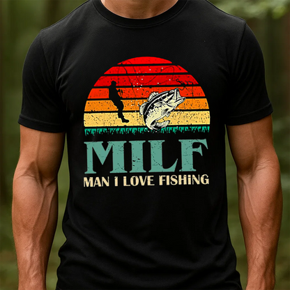 MILF Man I Love Fishing T-Shirt, Funny Bass Fishing Shirt, Retro Sunset Angler Tee, Fisherman Gift Idea