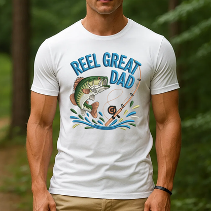Reel Great Dad Embroidery T-Shirt, Funny Fishing Bass Graphic Tee, Fisherman Embroidered Shirt Gift