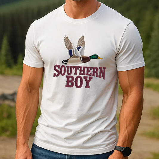 Southern Boy Embroidery T-Shirt, Duck Hunting Graphic Tee, Mallard Waterfowl Outdoor Embroidered Shirt Gift