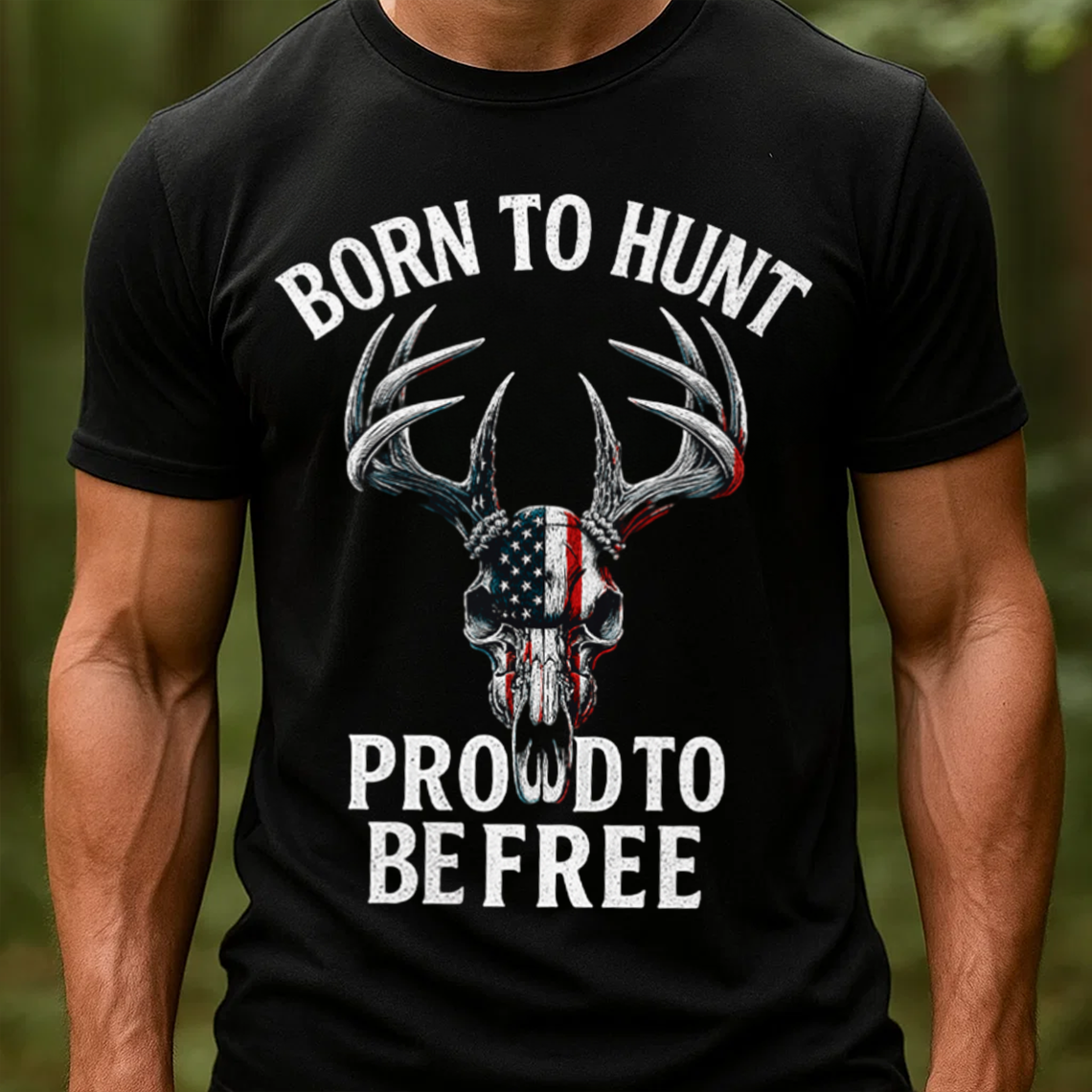 Born to Hunt Proud to Be Free T-Shirt, Patriotic Deer Skull Hunting Shirt with American Flag