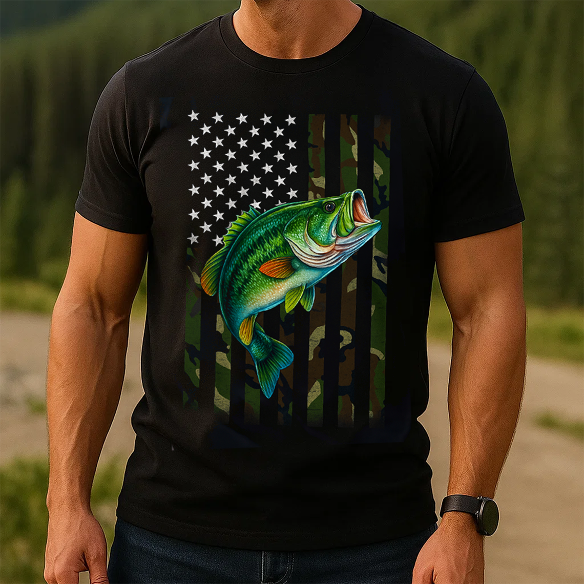 American Flag Camo Fishing T-Shirt, Patriotic Bass Fish Shirt, USA Angler Tee
