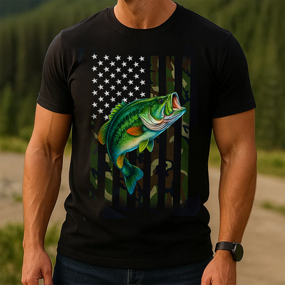 American Flag Camo Fishing T-Shirt, Patriotic Bass Fish Shirt, USA Angler Tee