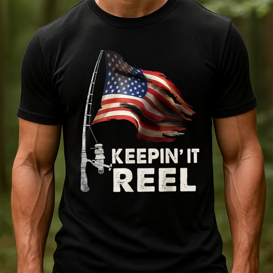 Keepin’ It Reel Fishing Shirt, American Flag Patriotic Funny Fisher T-Shirt Gift