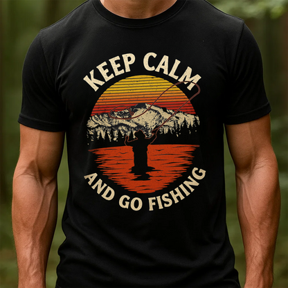 Keep Calm and Go Fishing T-Shirt, Retro Sunset Fisherman Shirt, Funny Angler Tee