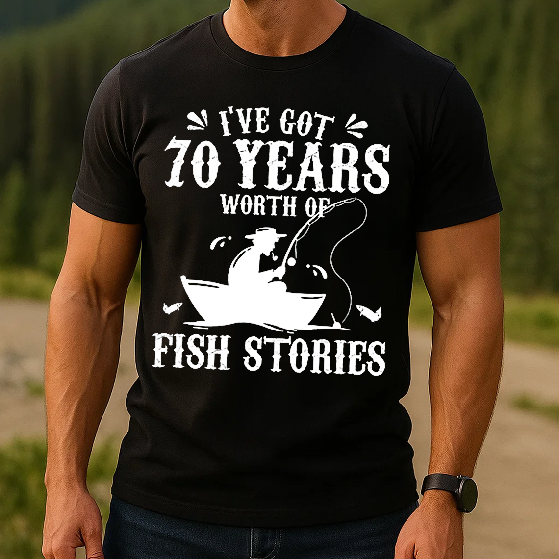 70 Years Worth of Fish Stories T-Shirt, Funny 70th Birthday Fishing Shirt, Fisherman Grandpa Gift Tee