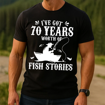 70 Years Worth of Fish Stories T-Shirt, Funny 70th Birthday Fishing Shirt, Fisherman Grandpa Gift Tee