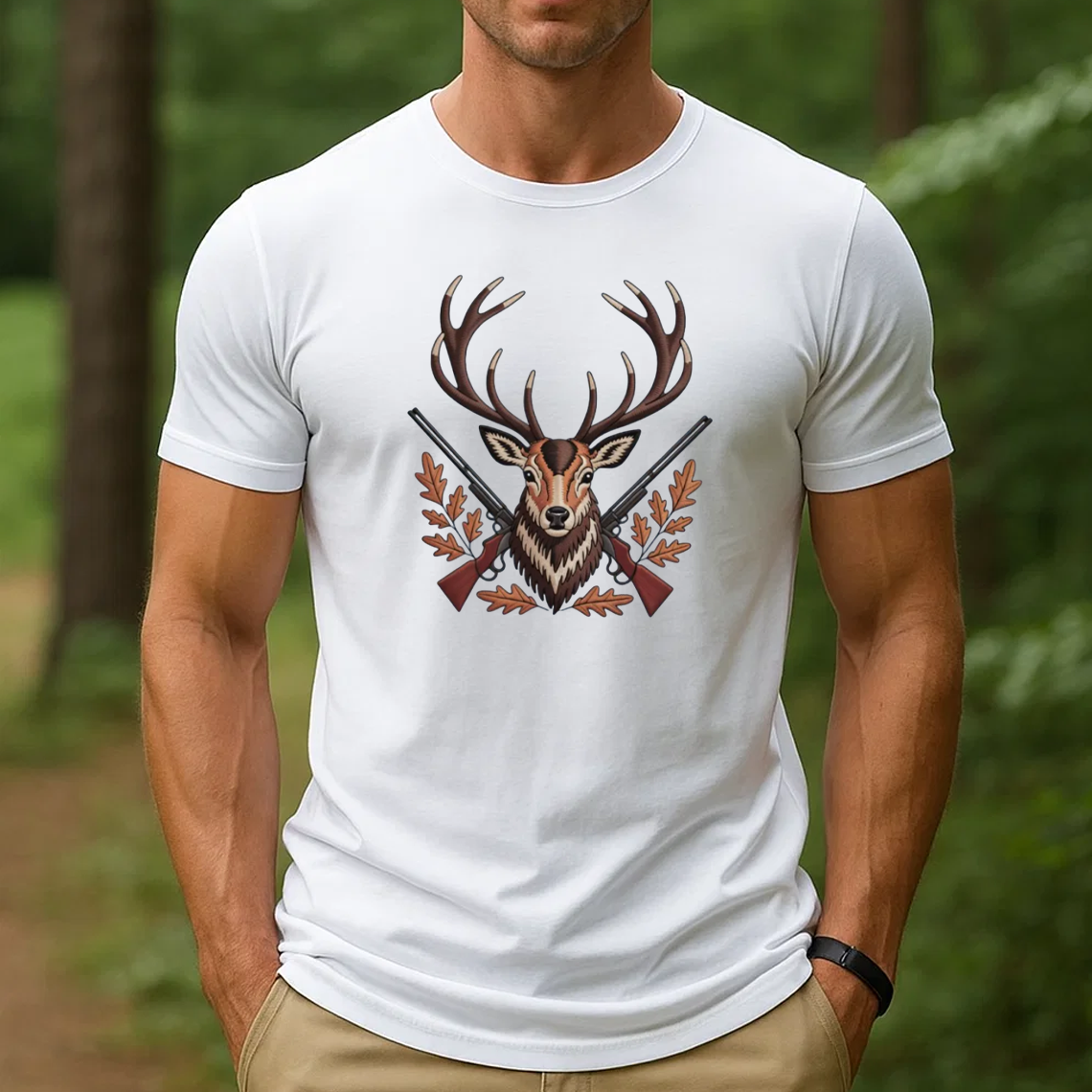 Deer Hunting Embroidery T-Shirt, Buck Head with Rifles Outdoor Hunter Graphic Tee, Wildlife Embroidered Shirt Gift