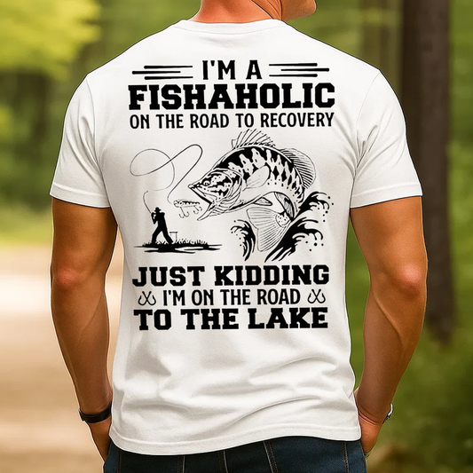 Fishaholic T-Shirt, Funny Fishing Shirt for Anglers, Road to Recovery Lake Fishing Tee Gift