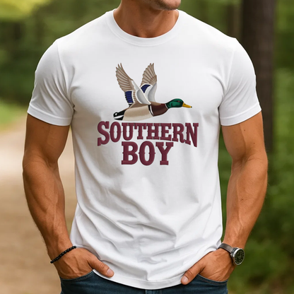 Southern Boy Embroidery T-Shirt, Duck Hunting Graphic Tee, Mallard Waterfowl Outdoor Embroidered Shirt Gift