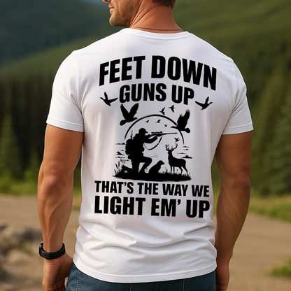 Feet Down Guns Up Hunting T-Shirt, Funny Hunter Quote Tee for Men, Duck Deer Hunting Gift